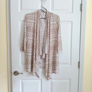 Tantrums Boho Geometric Open Front Waterfall Draped Cardigan Tan White L